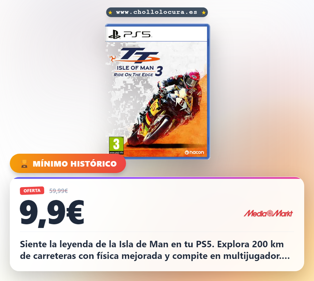 Disfruta de TT Isle Of Man: Ride On The Edge 3 en PS5: 33 circuitos, Open Roads y carreras de motos al mejor precio.