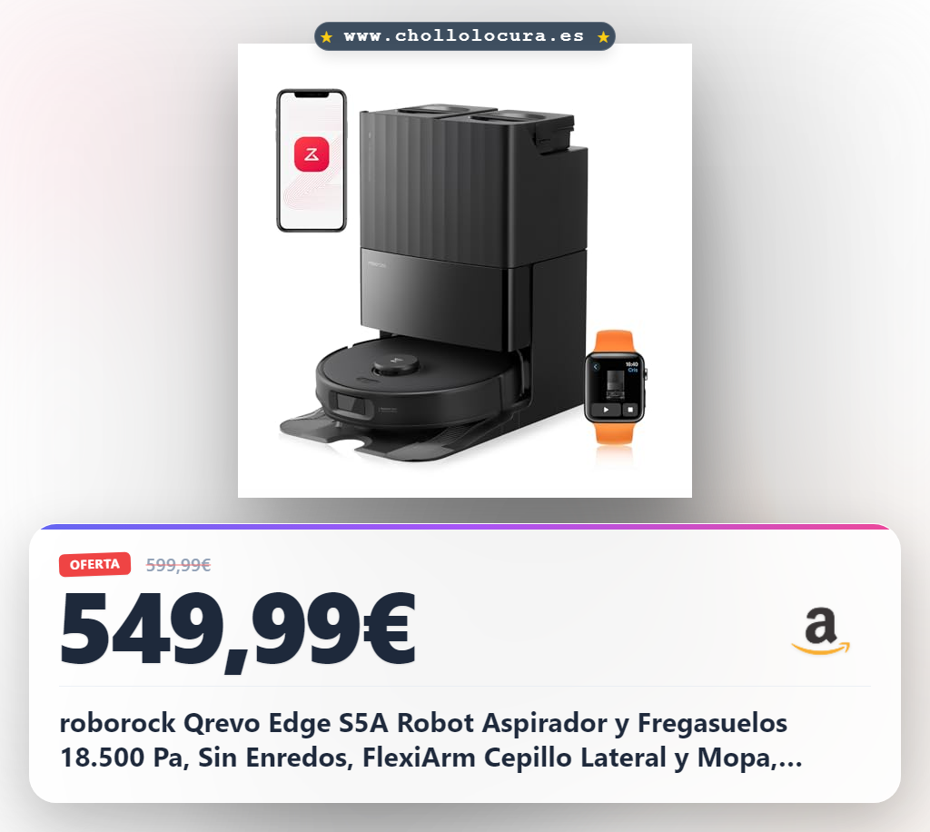 roborock Qrevo Edge S5A Robot Aspirador y Fregasuelos 18.500 Pa, Sin Enredos, FlexiArm Cepillo Lateral y Mopa, Lavado con Mopa de Agua Caliente y Autolimpieza, Secado con Aire Caliente,Negro