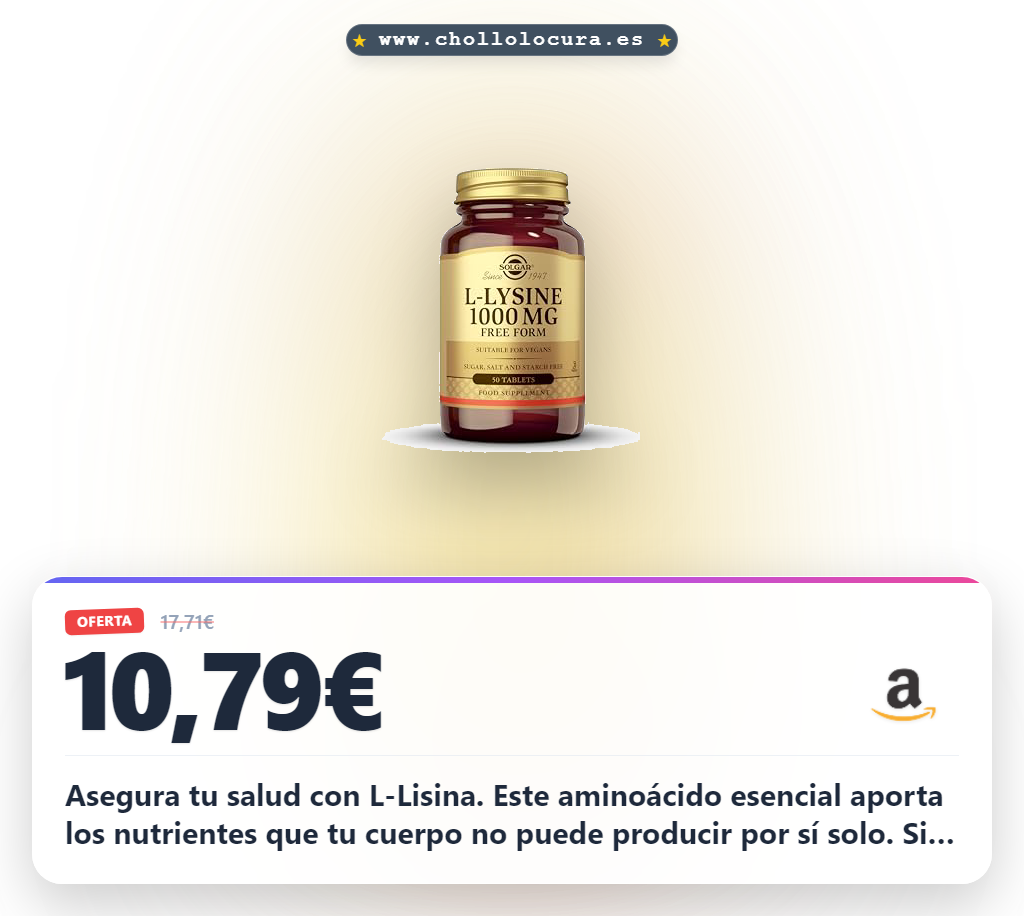 Aprovecha Solgar L-Lisina 1000 mg 50 comprimidos forma libre. Obtén los aminoácidos esenciales sin gluten y sin sal.