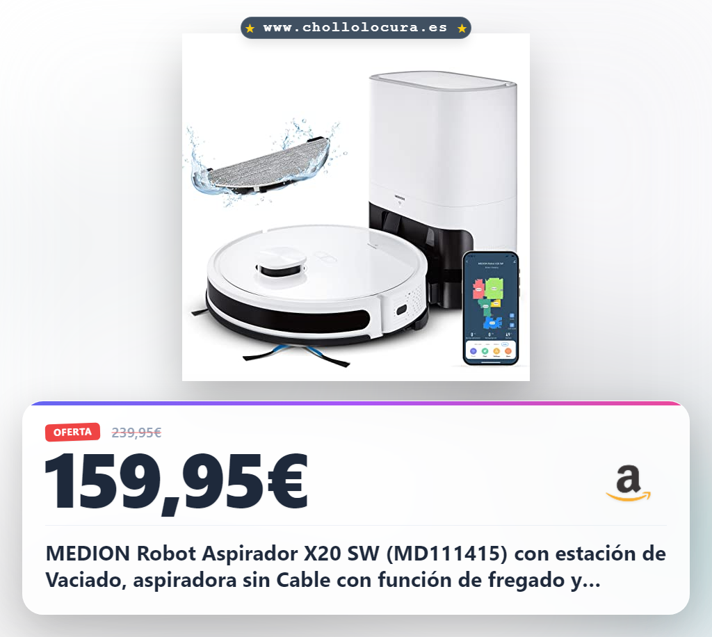 MEDION Robot Aspirador X20 SW (MD111415) con estación de Vaciado, aspiradora sin Cable con función de fregado y navegación láser, Aspirador Que se Conecta con el móvil