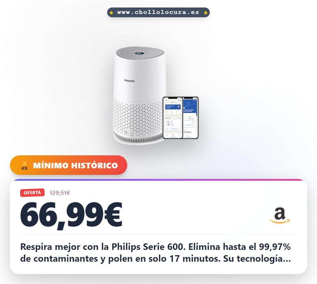 Obtén el purificador Philips Serie 600 para eliminar polen y PM2.5 en 17 minutos. Aire puro y silencioso al mejor precio.