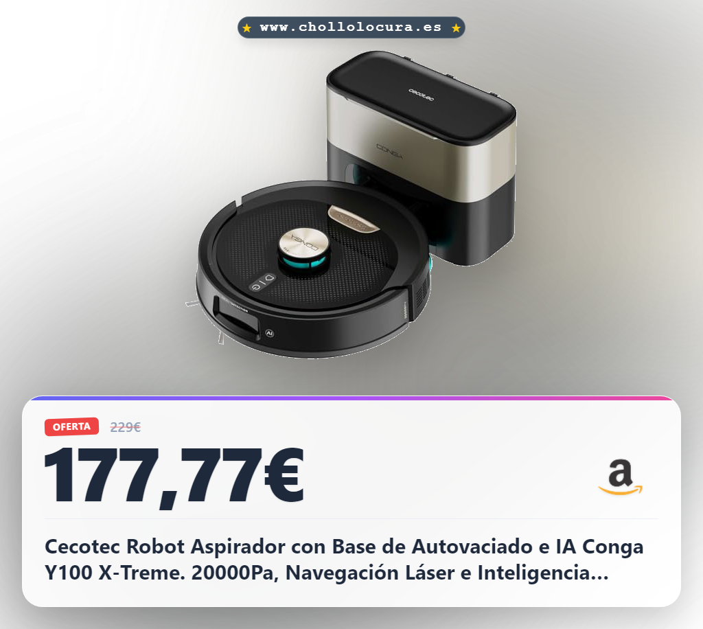 Cecotec Robot Aspirador con Base de Autovaciado e IA Conga Y100 X-Treme. 20000Pa, Navegación Láser e Inteligencia Artificial, 20000Pa, Base de 2.8L, Autonomía hasta 220m², Control App 3.0