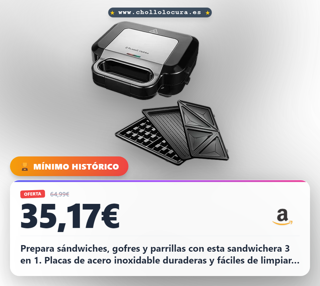 Aprovecha la Sandwichera Russell Hobbs 3 en 1 con placas para sándwiches gofres y grill al mejor precio