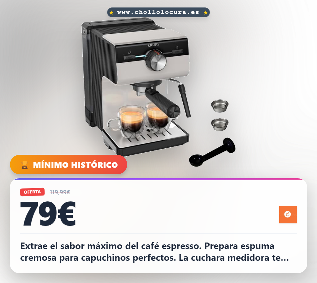 Krups Authentic, Cafetera Espresso Manual, 15 bares de presión, Espumador de leche, Ajuste Manual, Cuchara Medidora y Compactadora, depósito de 2 L de capacidad, Inox, XP381B