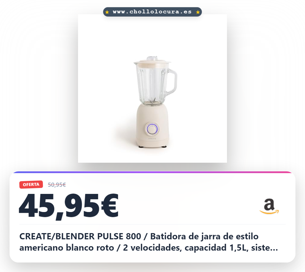 CREATE/BLENDER PULSE 800 / Batidora de jarra de estilo americano blanco roto / 2 velocidades, capacidad 1,5L, sistema de seguridad, cable de 1m, 4 cuchillas de acero inoxidable, 800W