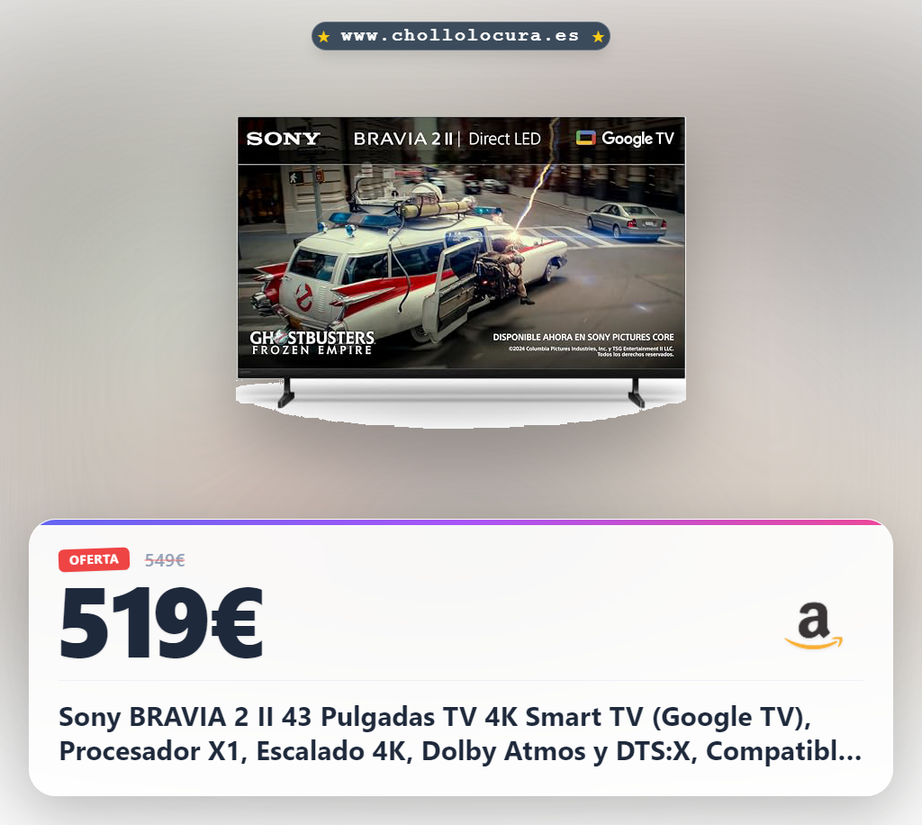 Sony BRAVIA 2 II 43 Pulgadas TV 4K Smart TV (Google TV), Procesador X1, Escalado 4K, Dolby Atmos y DTS:X, Compatible con PS5, 43S20M2, Modelo 2026
