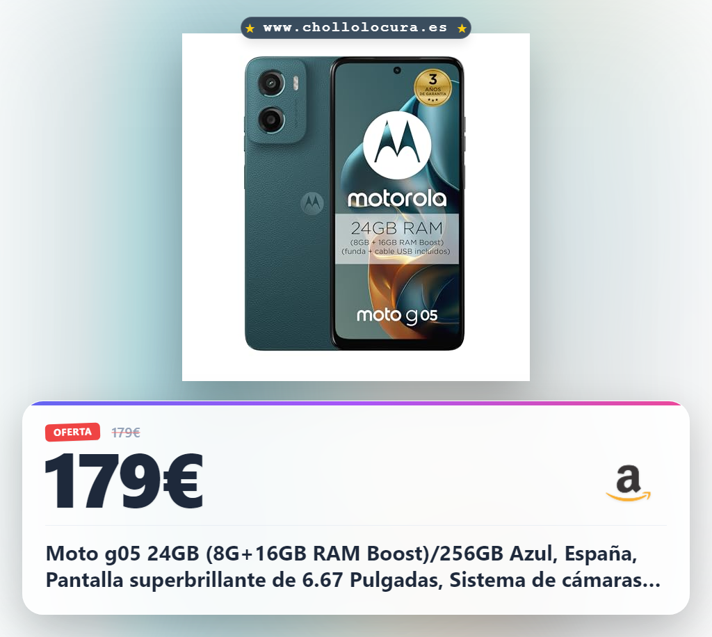 Moto g05 24GB (8G+16GB RAM Boost)/256GB Azul, España, Pantalla superbrillante de 6.67 Pulgadas, Sistema de cámaras de 50 MP, Modo Retrato con IA, Soft luxe, Corning Gorilla Glass 3, batería 5200 mAh