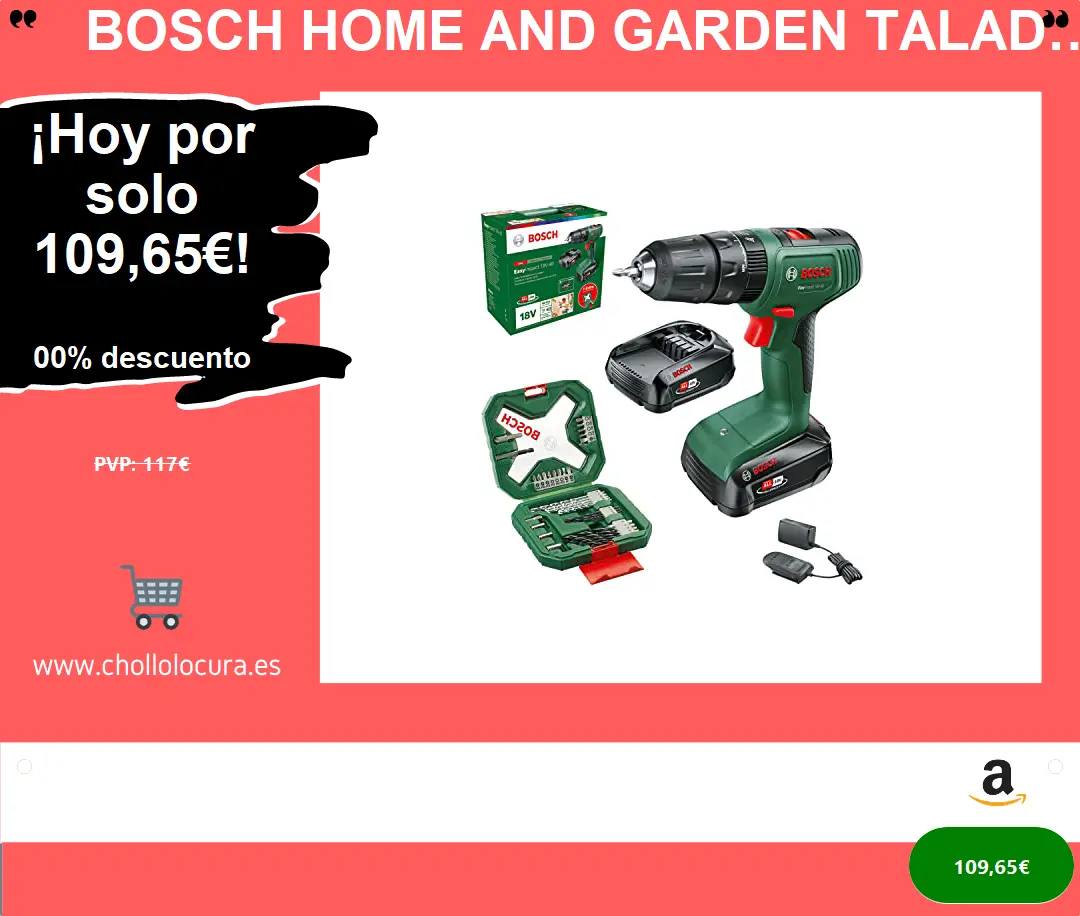Bosch Home and Garden taladro percutor a batería EasyImpact 18V-40 (2x batería de 2,0 Ah, sistema de 18 V, set de destornilladores y brocas para madera, piedra y metal de 34 piezas, en caja)