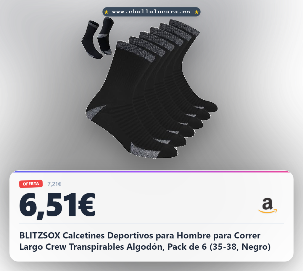 BLITZSOX Calcetines Deportivos para Hombre para Correr Largo Crew Transpirables Algodón, Pack de 6 (35-38, Negro)