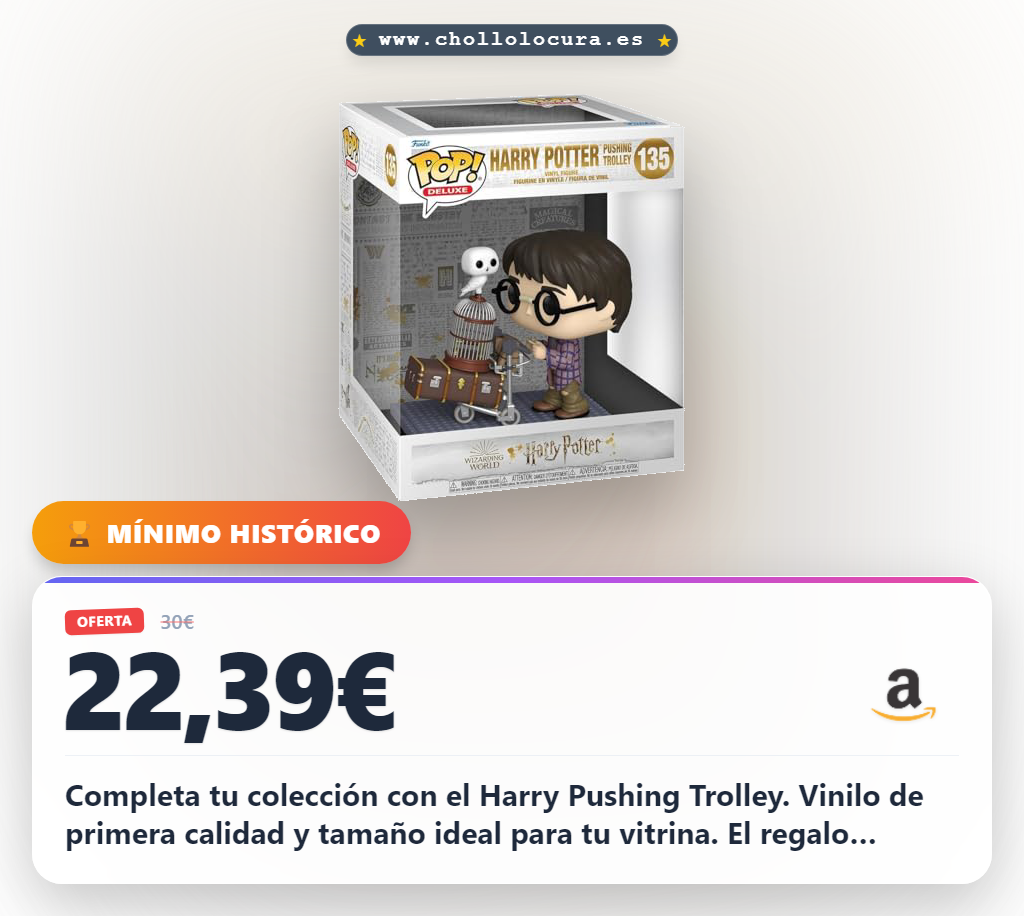 Completa tu colección con el Harry Pushing Trolley. Vinilo de primera calidad y tamaño ideal para tu vitrina. El regalo perfecto para cualquier fan de Harry Potter y un complemento esencial para tu escritorio.