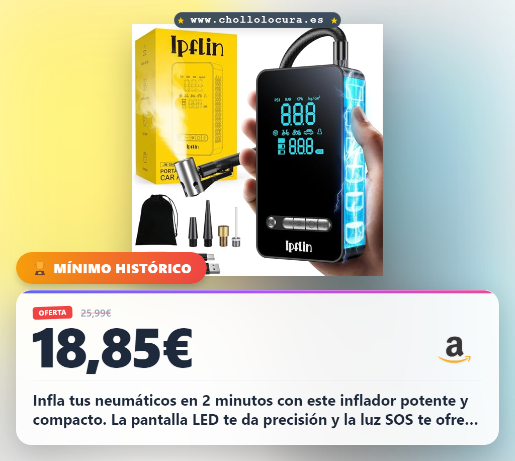 Consigue el inflador eléctrico de neumáticos con luz SOS y carga móvil al mejor precio en oferta