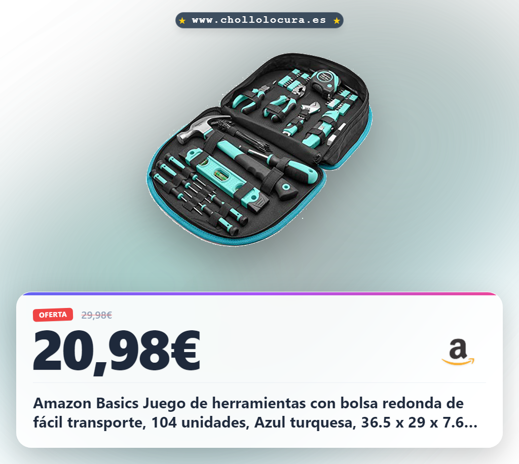 Amazon Basics Juego de herramientas con bolsa redonda de fácil transporte, 104 unidades, Azul turquesa, 36.5 x 29 x 7.6 cm