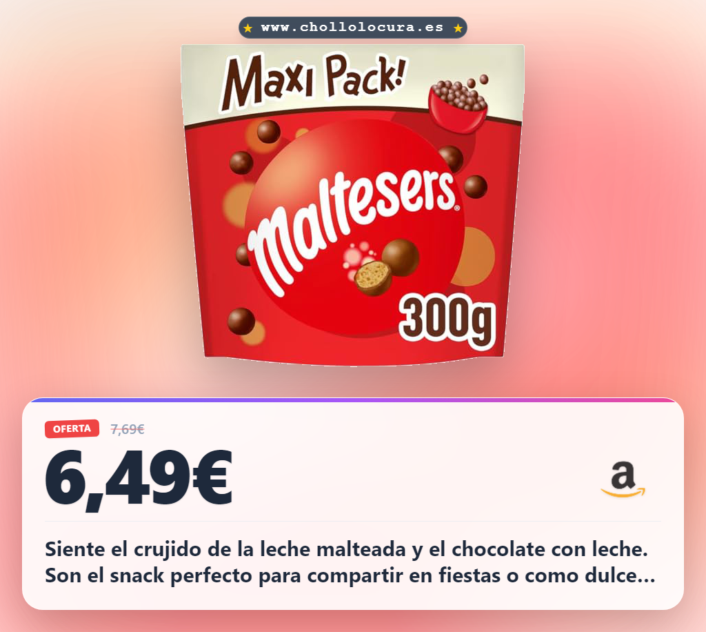 Consigue las bolitas Maltesers de chocolate con leche crujientes a precio de chollo. Snack vegetariano perfecto para compartir.