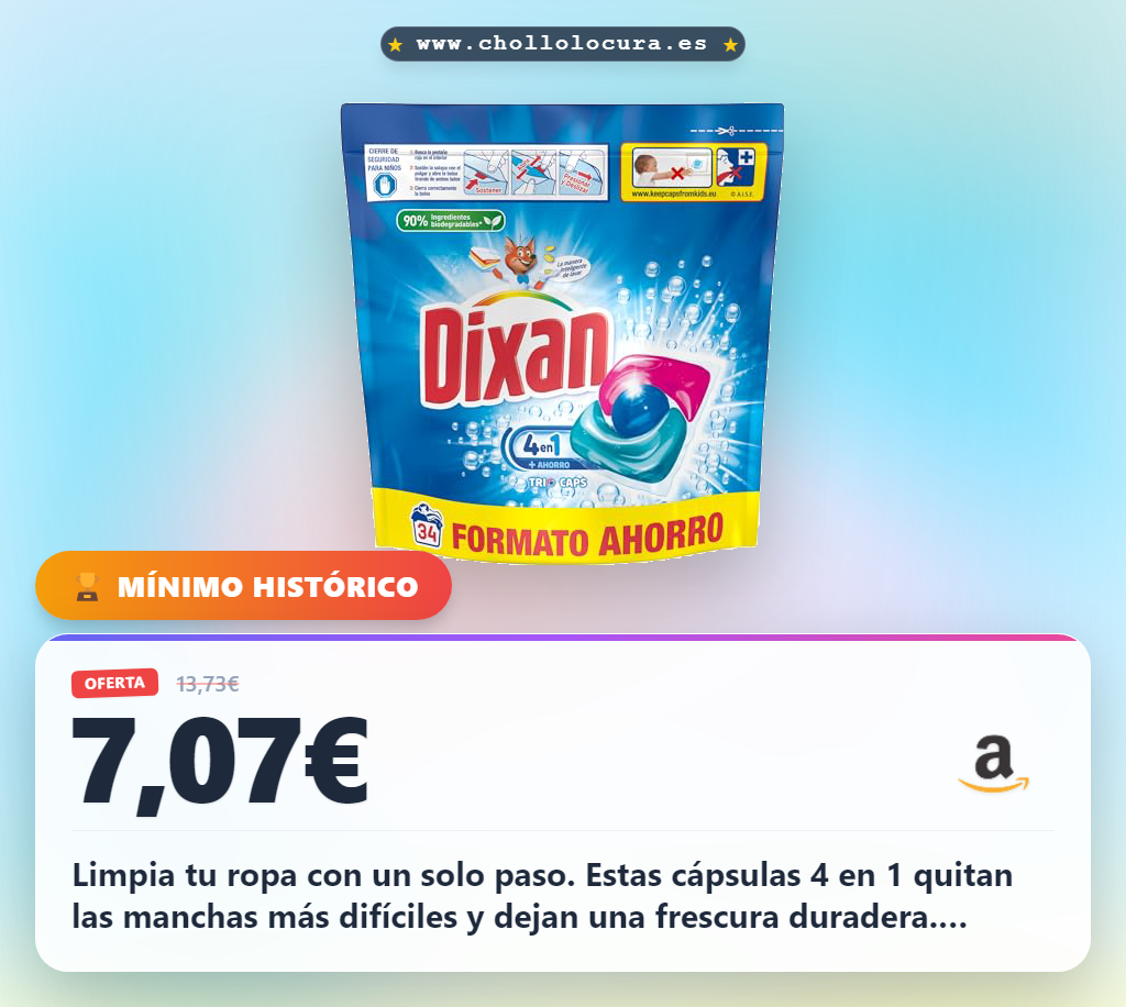 Aprovecha el detergente Dixan Cápsulas Total+ 4 en 1 con gran poder quitamanchas y frescor duradero al mejor precio
