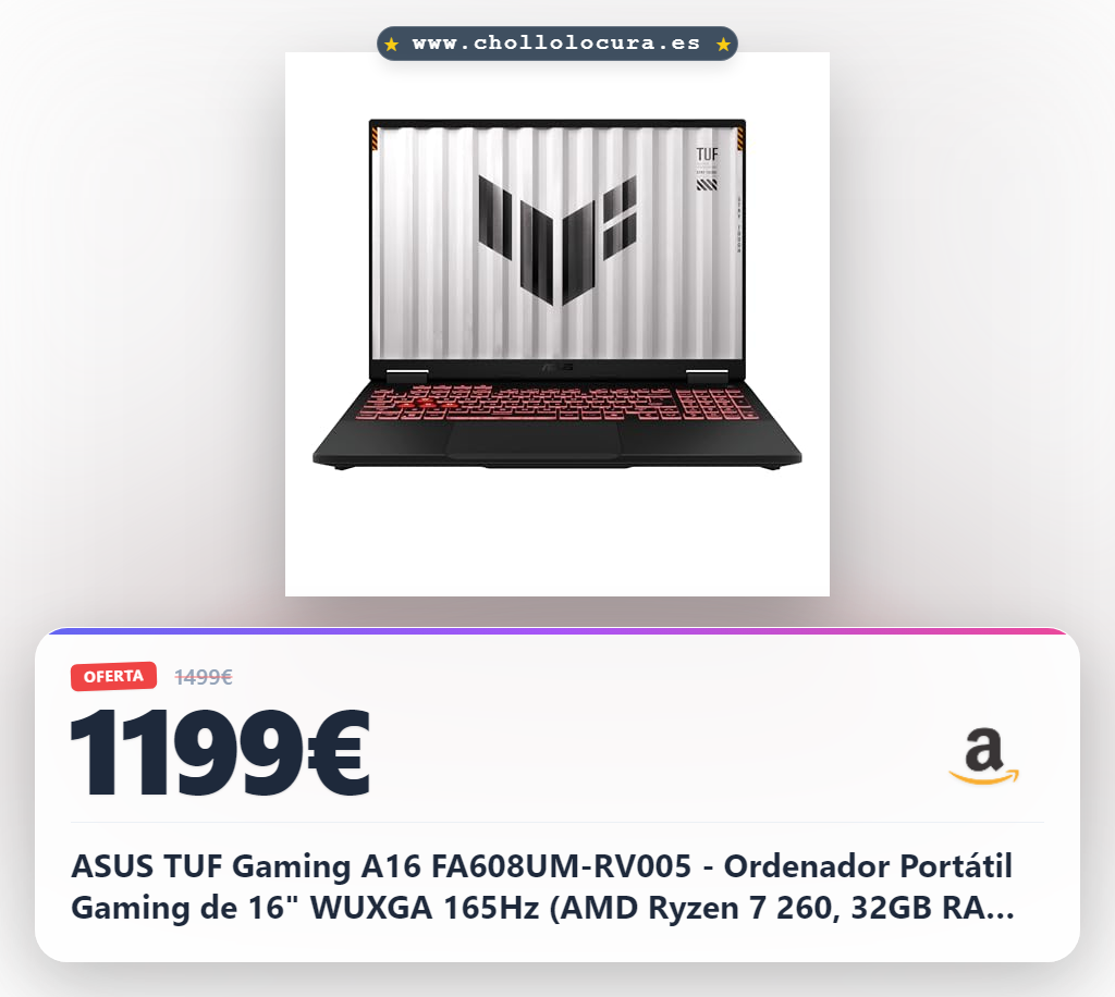 ASUS TUF Gaming A16 FA608UM-RV005 - Ordenador Portátil Gaming de 16" WUXGA 165Hz (AMD Ryzen 7 260, 32GB RAM, 1TB SSD, NVIDIA RTX 5060 8GB, Sin Sistema Operativo) Gris Jager - Teclado QWERTY español