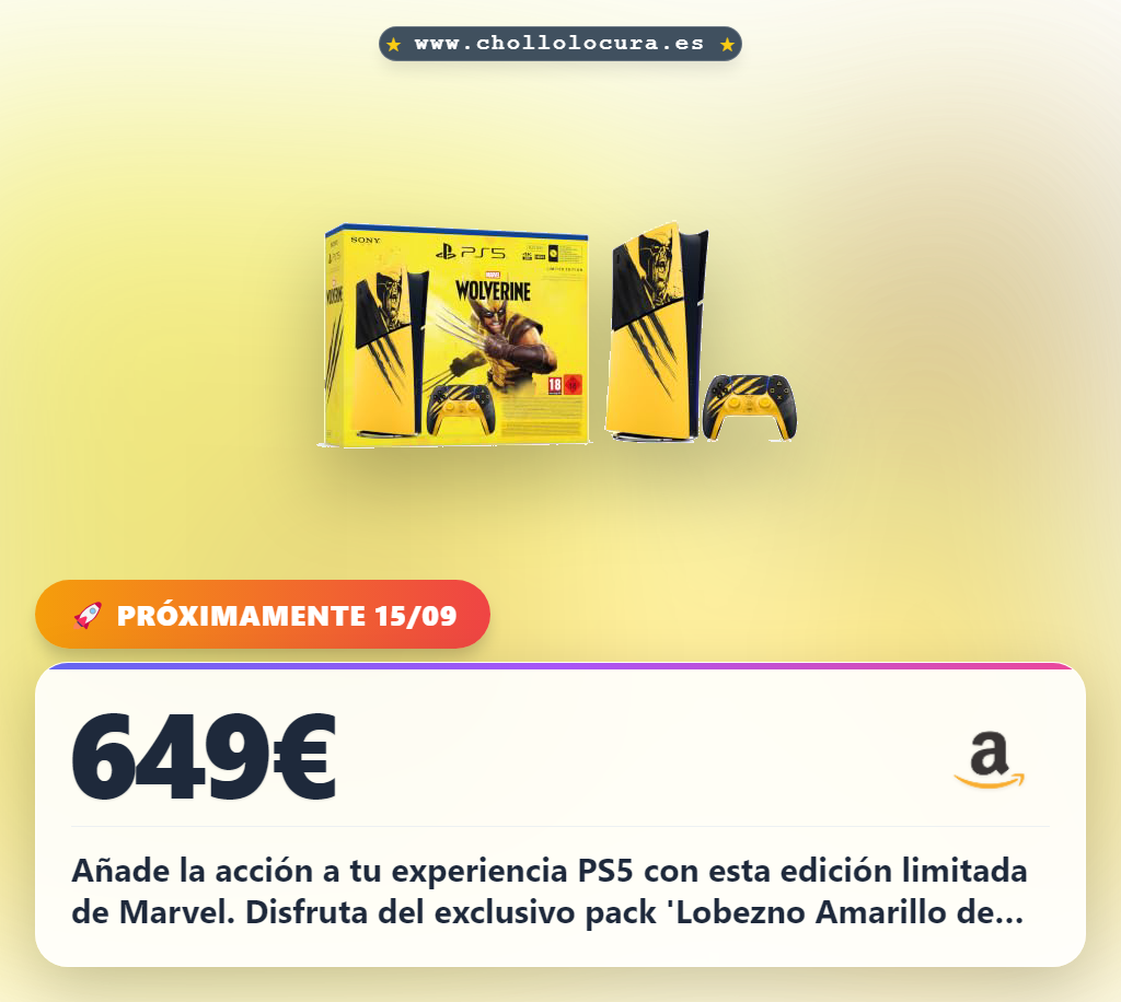 Añade la acción a tu experiencia PS5 con esta edición limitada de Marvel. Disfruta del exclusivo pack 'Lobezno Amarillo de Combate' y sumérgete en el universo Marvel. Es el complemento perfecto para mejorar tus partidas.