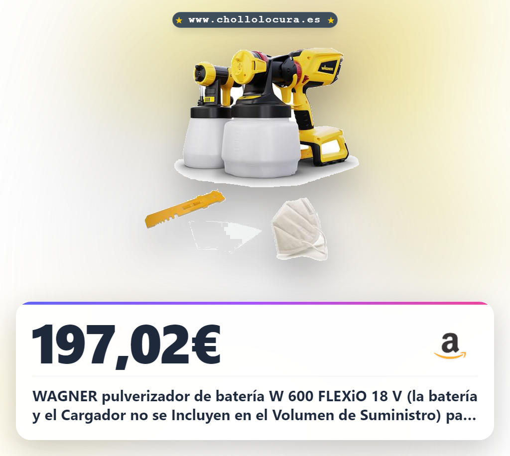 WAGNER pulverizador de batería W 600 FLEXiO 18 V (la batería y el Cargador no se Incluyen en el Volumen de Suministro) para Pinturas de plásticas/látex, Barnices y esmaltes, depósito 1300 ml + 800 ml