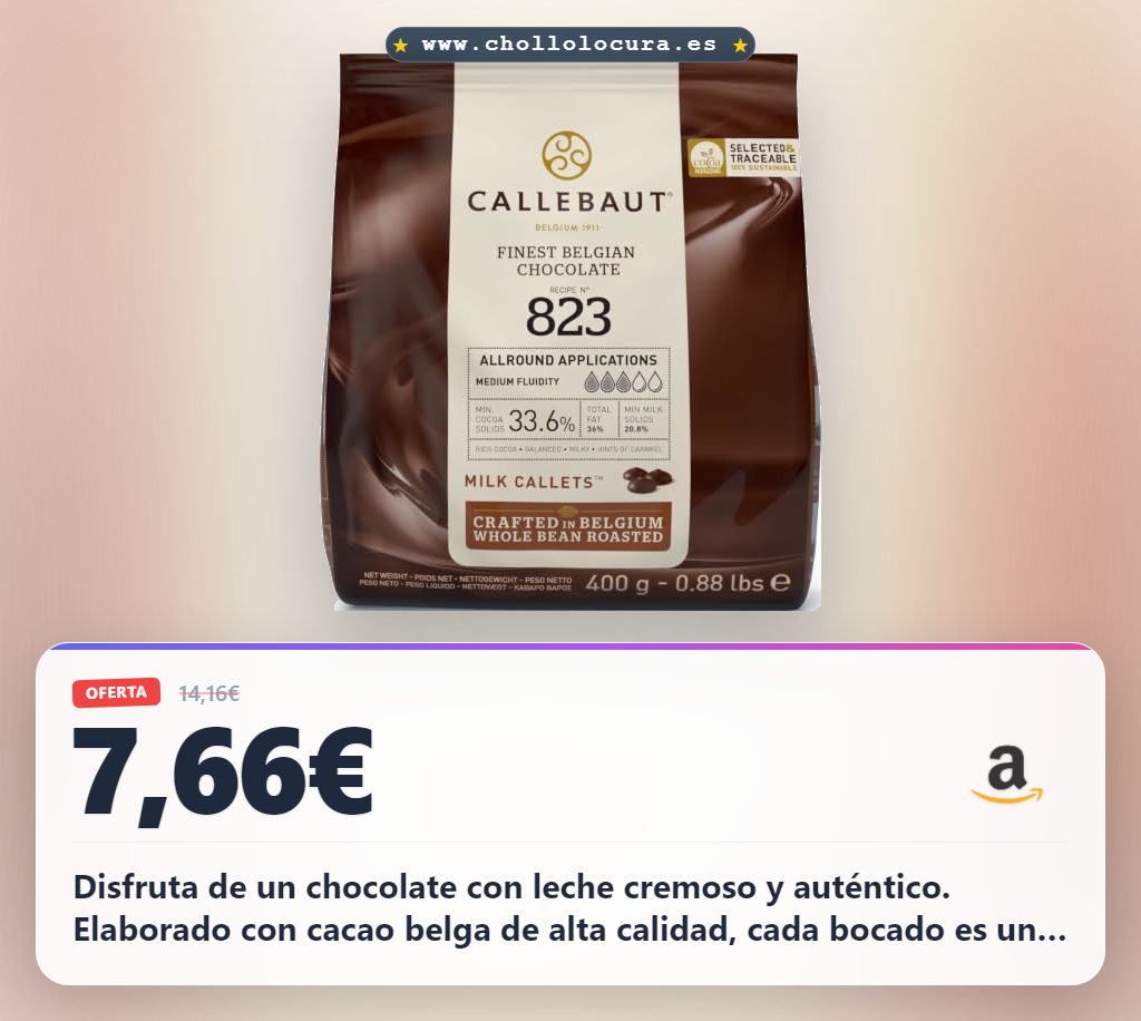 Llévate el chocolate con leche Callebaut 33,6% en gotas 400 gramos en oferta histórica para disfrutar hoy mismo.