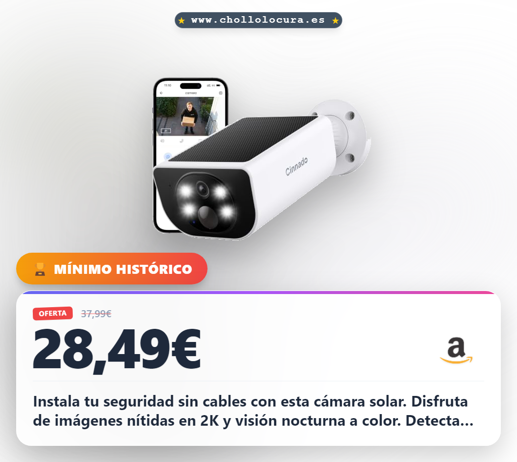 Aprovecha la cámara solar WiFi exterior 2K con visión nocturna y detección PIR a precio de chollo