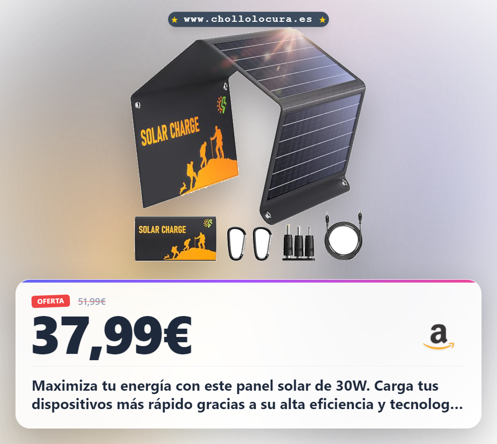 Aprovecha este panel solar portátil de 30W con carga rápida QC3.0 e IPX4 para tus aventuras al aire libre al mejor precio