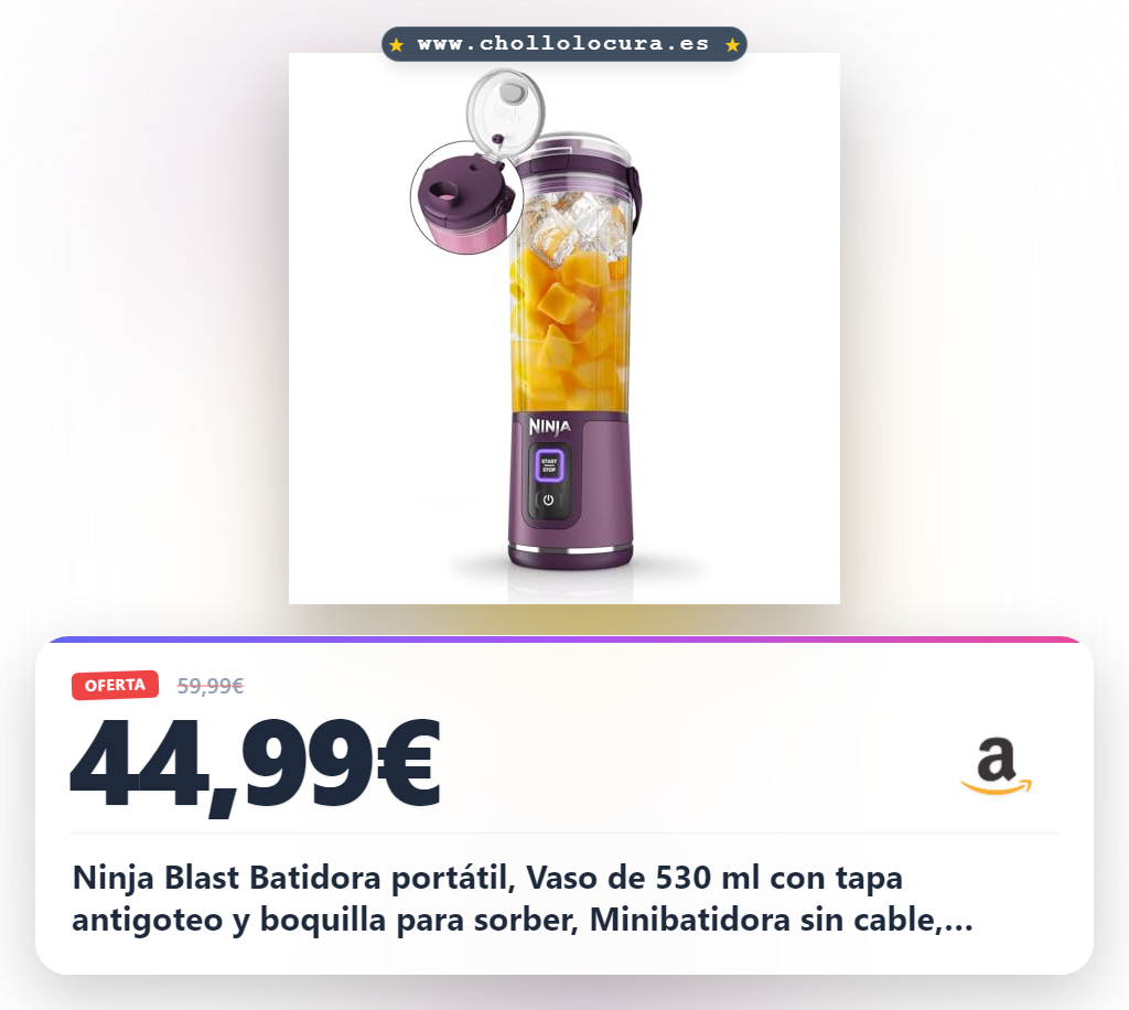 Ninja Blast Batidora portátil, Vaso de 530 ml con tapa antigoteo y boquilla para sorber, Minibatidora sin cable, recargable, smoothies, batidos de proteínas, pica hielo y frutas congeladas, BC151EUPR