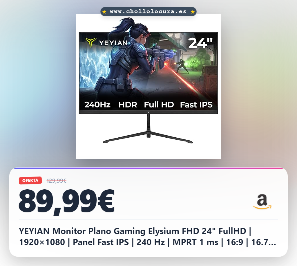 YEYIAN Monitor Plano Gaming Elysium FHD 24" FullHD | 1920×1080 | Panel Fast IPS | 240 Hz | MPRT 1 ms | 16:9 | 16.7 M Colores | View 178° | VESA 75 | HDMI 2.0 / DP 1.4 | YMF-FP24-M1