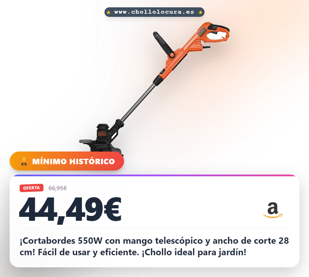 ¡Cortabordes 550W BLACK+DECKER! Ancho 28 cm, mango telescópico y cable automático. ¡Fácil de usar y oferta!