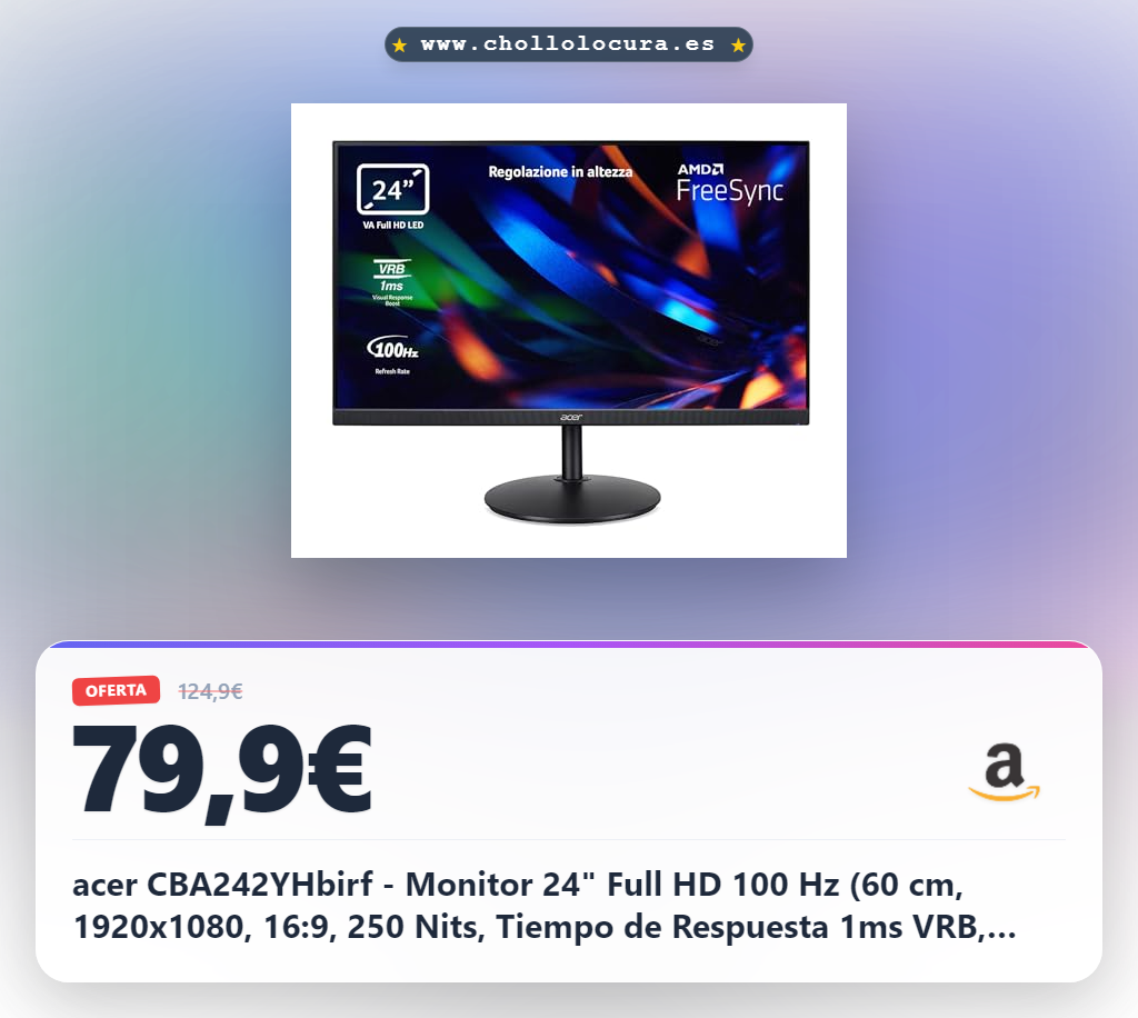 acer CBA242YHbirf - Monitor 24" Full HD 100 Hz (60 cm, 1920x1080, 16:9, 250 Nits, Tiempo de Respuesta 1ms VRB, AMD FreeSync, ZeroFrame, 1xVGA/1xHDMI 1.4) Regulable en Altura Color Negro