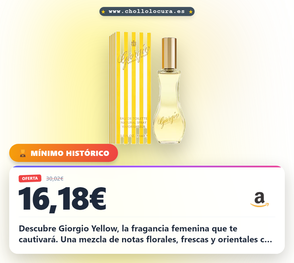 Descubre Giorgio Yellow, la fragancia femenina que te cautivará. Una mezcla de notas florales, frescas y orientales con un toque amaderado irresistible. Aporta dulzura y belleza a tu día a día. Rociar y sentir la sofisticación.