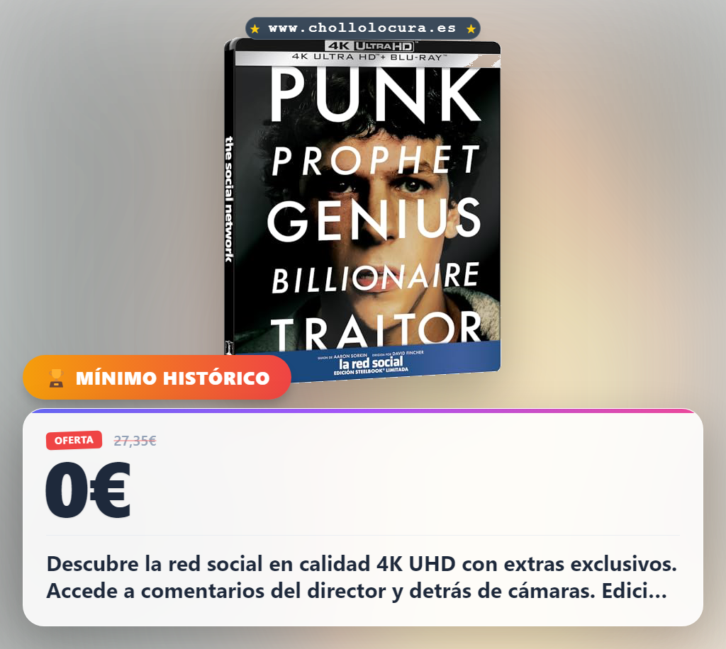 Descubre la red social en calidad 4K UHD con extras exclusivos. Accede a comentarios del director y detrás de cámaras. Edición metálica espectacular. Ahorra 20€ y disfruta al máximo.