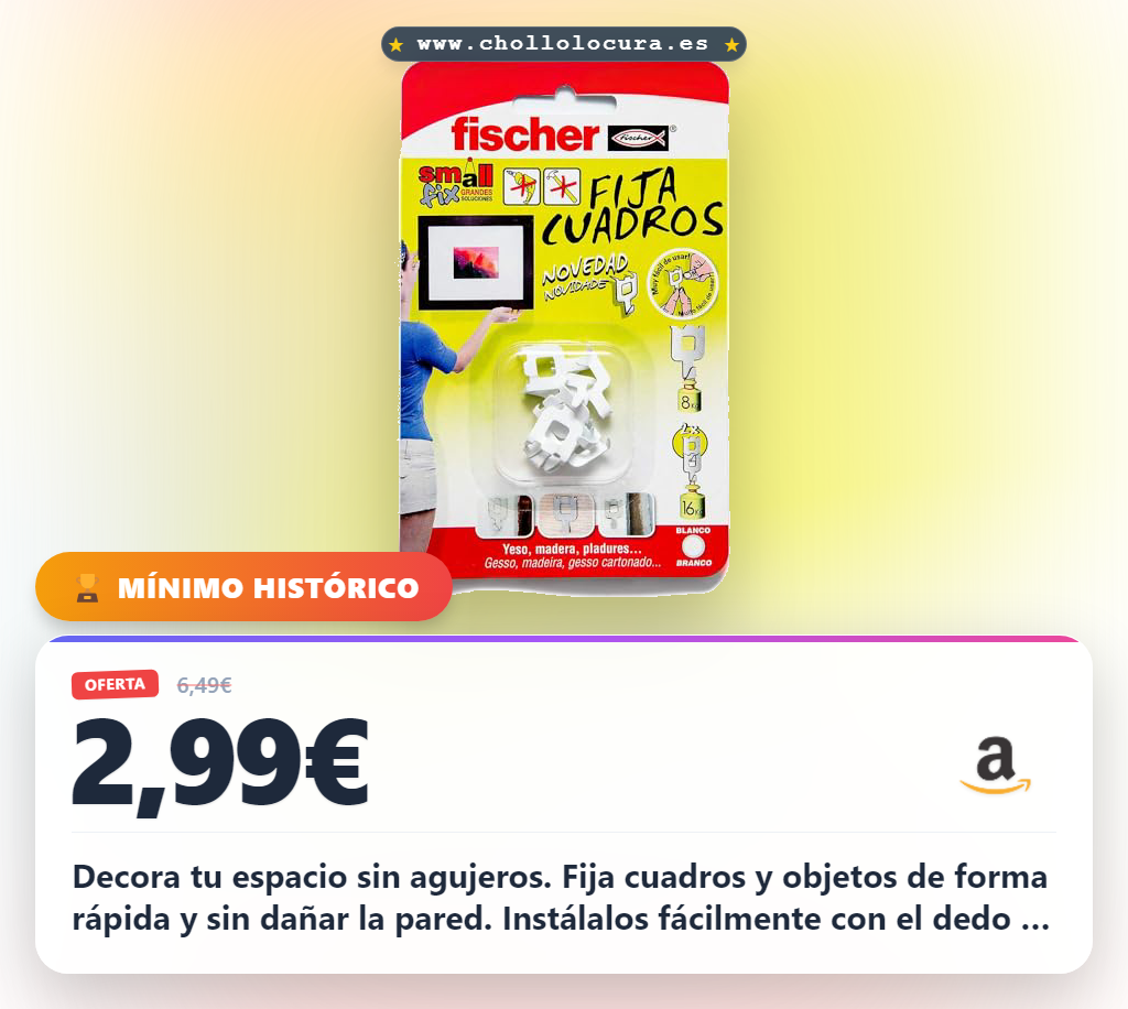 Aprovecha fijacuadros sin agujeros de Fischer. Instalación rápida y reutilizable para cuadros de hasta 16 kg en yeso