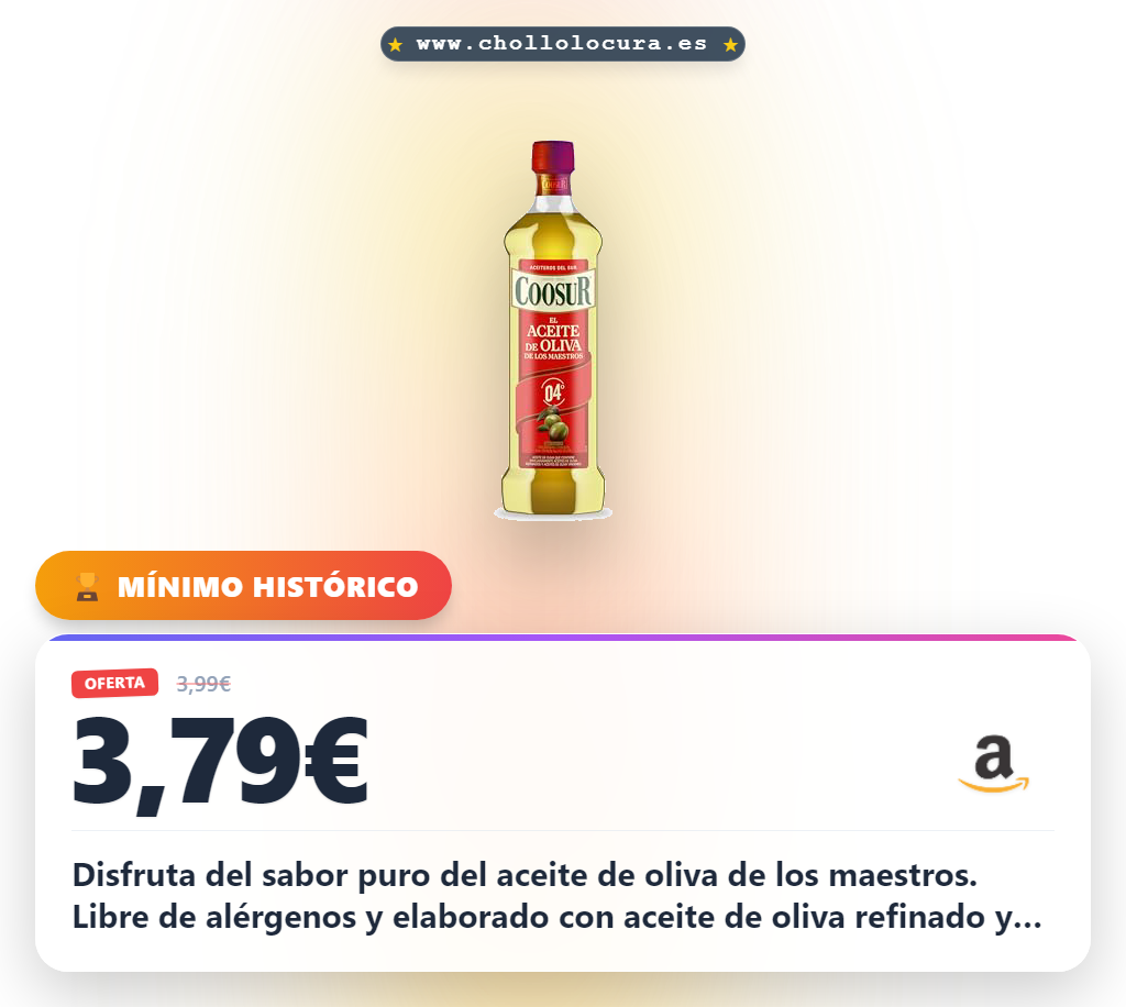 Disfruta del sabor puro del aceite de oliva de los maestros. Libre de alérgenos y elaborado con aceite de oliva refinado y virgen español. Calidad y pureza garantizadas para tu mesa.