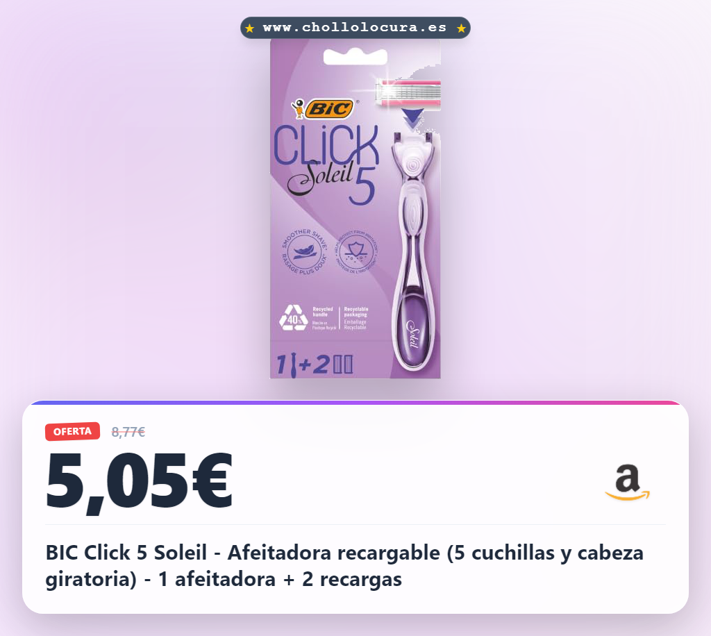 BIC Click 5 Soleil - Afeitadora recargable (5 cuchillas y cabeza giratoria) - 1 afeitadora + 2 recargas