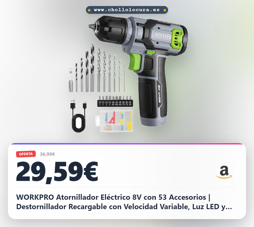 Llévate el Kit de Atornillador Recargable WORKPRO 8V con 53 Accesorios para Bricolaje en oferta histórica