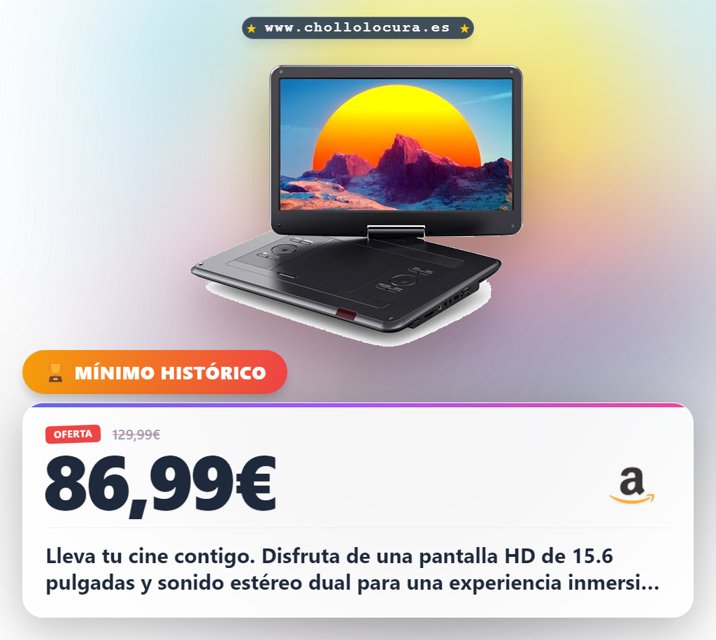 Aprovecha el reproductor de DVD portátil Wolfang 17.5" HD con batería de 5000mAh y altavoces estéreo duales.