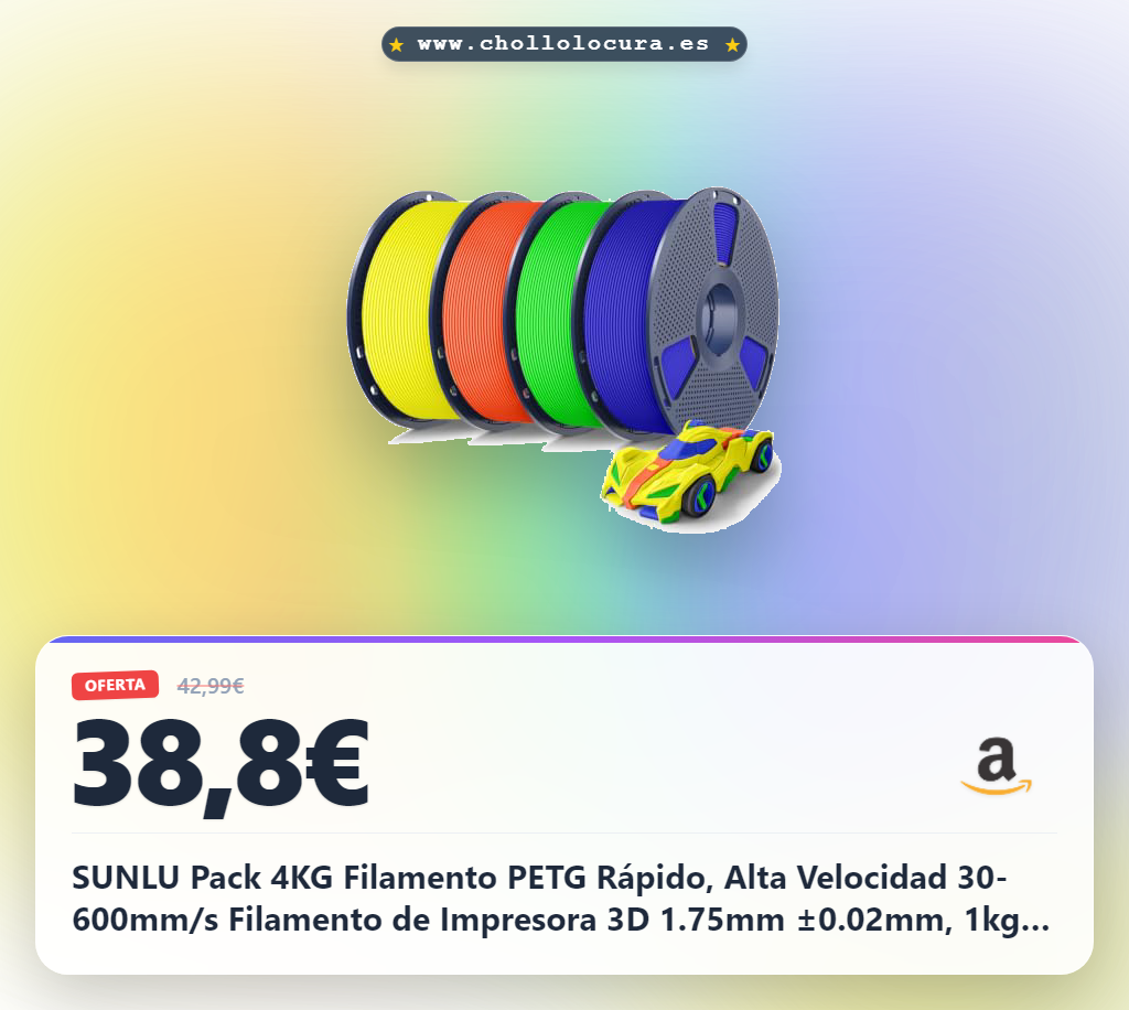 SUNLU Pack 4KG Filamento PETG Rápido, Alta Velocidad 30-600mm/s Filamento de Impresora 3D 1.75mm ±0.02mm, 1kg Bobina, 4 Paquetes en Total (Azul+Verde+Naranja+Amarillo)