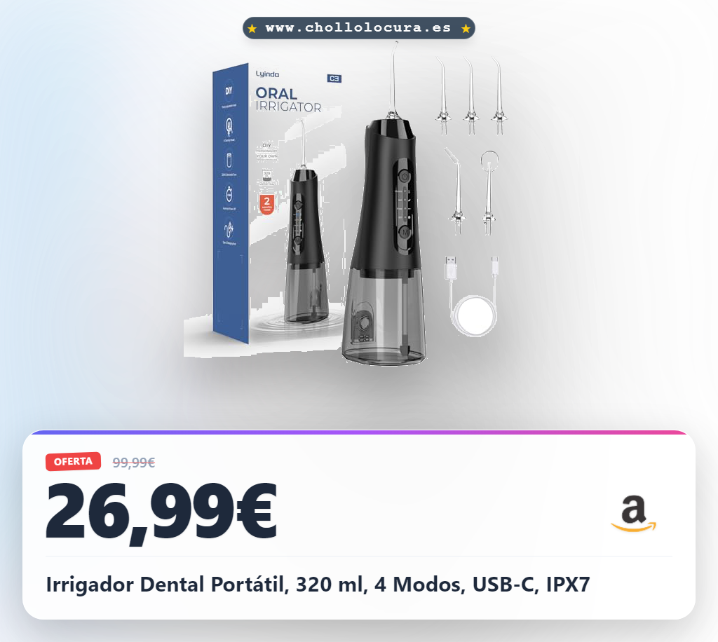 Irrigador Dental Portátil, 320 ml, 4 Modos, USB-C, IPX7