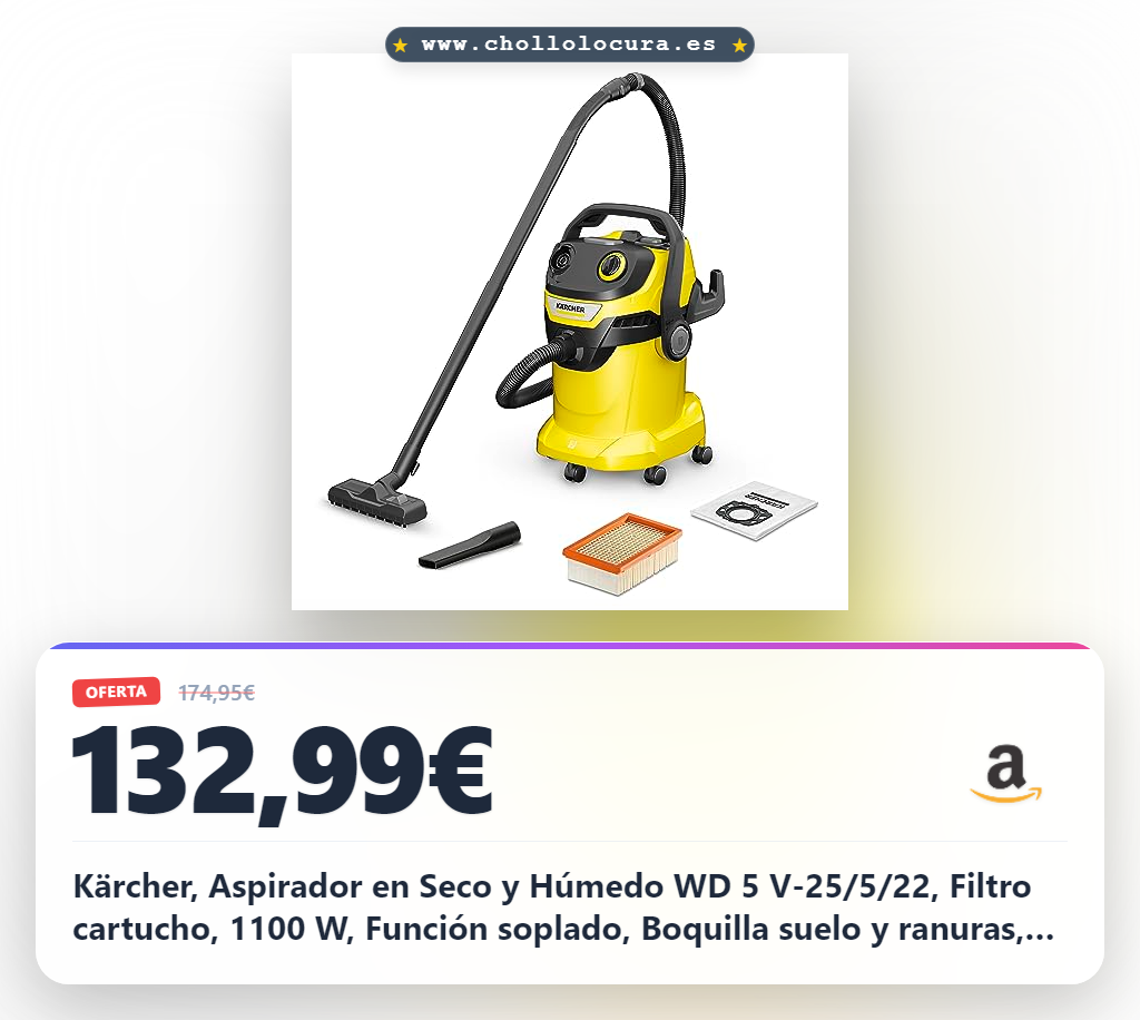 Kärcher, Aspirador en Seco y Húmedo WD 5 V-25/5/22, Filtro cartucho, 1100 W, Función soplado, Boquilla suelo y ranuras, Yellow/Black, Depósito de plástico 25 l, Manguera aspiración 2,2 m