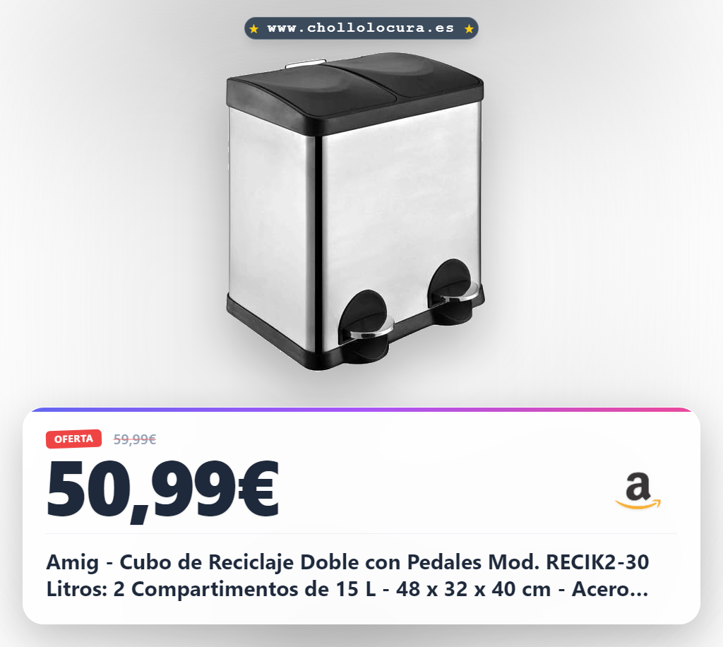 Amig - Cubo de Reciclaje Doble con Pedales Mod. RECIK2-30 Litros: 2 Compartimentos de 15 L - 48 x 32 x 40 cm - Acero Inoxidable - Plateado - Cubo de Basura Antihuellas para Cocina - Diseño Moderno