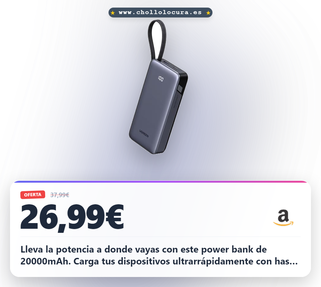 Aprovecha el Power Bank 20000mAh 45W con carga rápida y cable USB-C para iPhone y MacBook al mejor precio