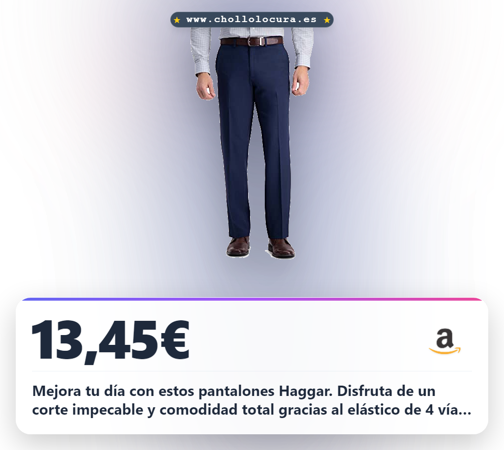 Mejora tu día con estos pantalones Haggar. Disfruta de un corte impecable y comodidad total gracias al elástico de 4 vías. Llévalos a la oficina o al fin de semana sin arrugas. ¡Estilo premium al mejor precio!