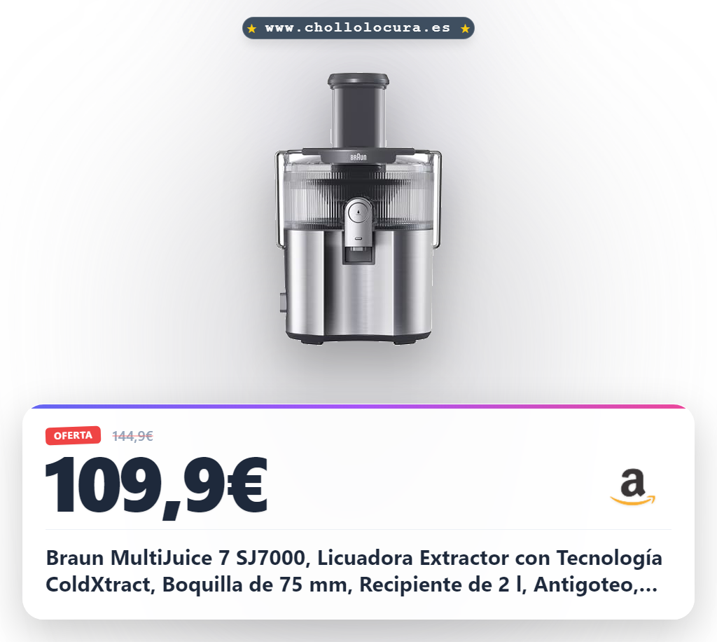 Braun MultiJuice 7 SJ7000, Licuadora Extractor con Tecnología ColdXtract, Boquilla de 75 mm, Recipiente de 2 l, Antigoteo, Sistema de Seguridad Cuádruple, Filtro de Acero Inoxidable, 1000 W, Gris