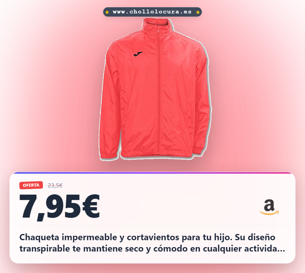 Consigue la chaqueta Joma niños impermeable y cortaviento rosa XXL con capucha ajustable a precio de chollo en oferta histórica de verano.