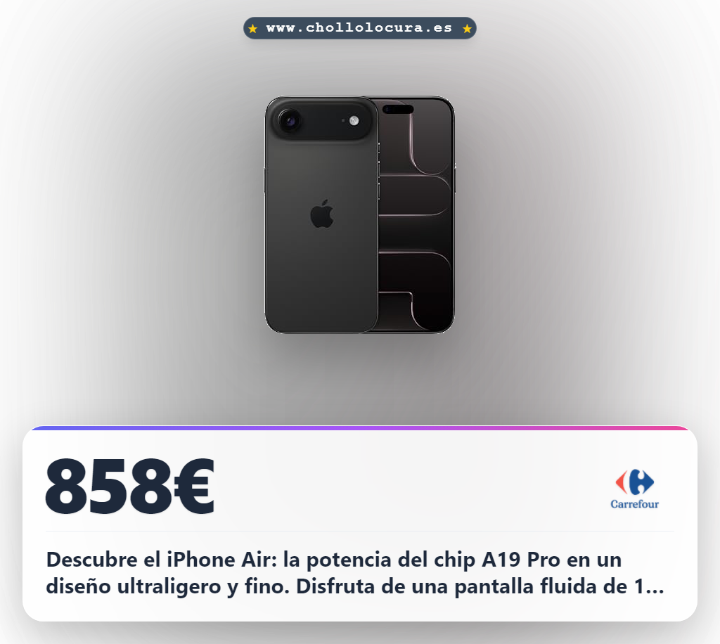 Descubre el iPhone Air: la potencia del chip A19 Pro en un diseño ultraligero y fino. Disfruta de una pantalla fluida de 120 Hz y una autonomía de todo el día. Con cámaras avanzadas y seguridad por satélite, tienes lo mejor de Apple en tus manos.