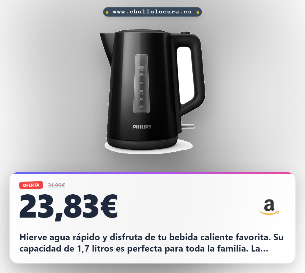 Aprovecha este hervidor Philips Serie 3000-1 de 1,7L. Resistencia plana, tapa con resorte y seguridad en oferta histórica.