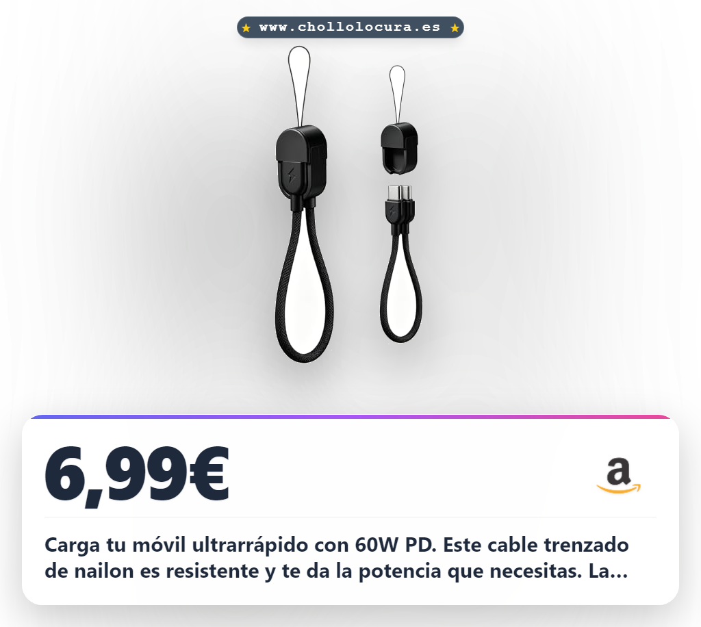 Consigue este cable USB-C de carga rápida 60W con correa de muñeca. Disfruta de carga PD y versatilidad al mejor precio.