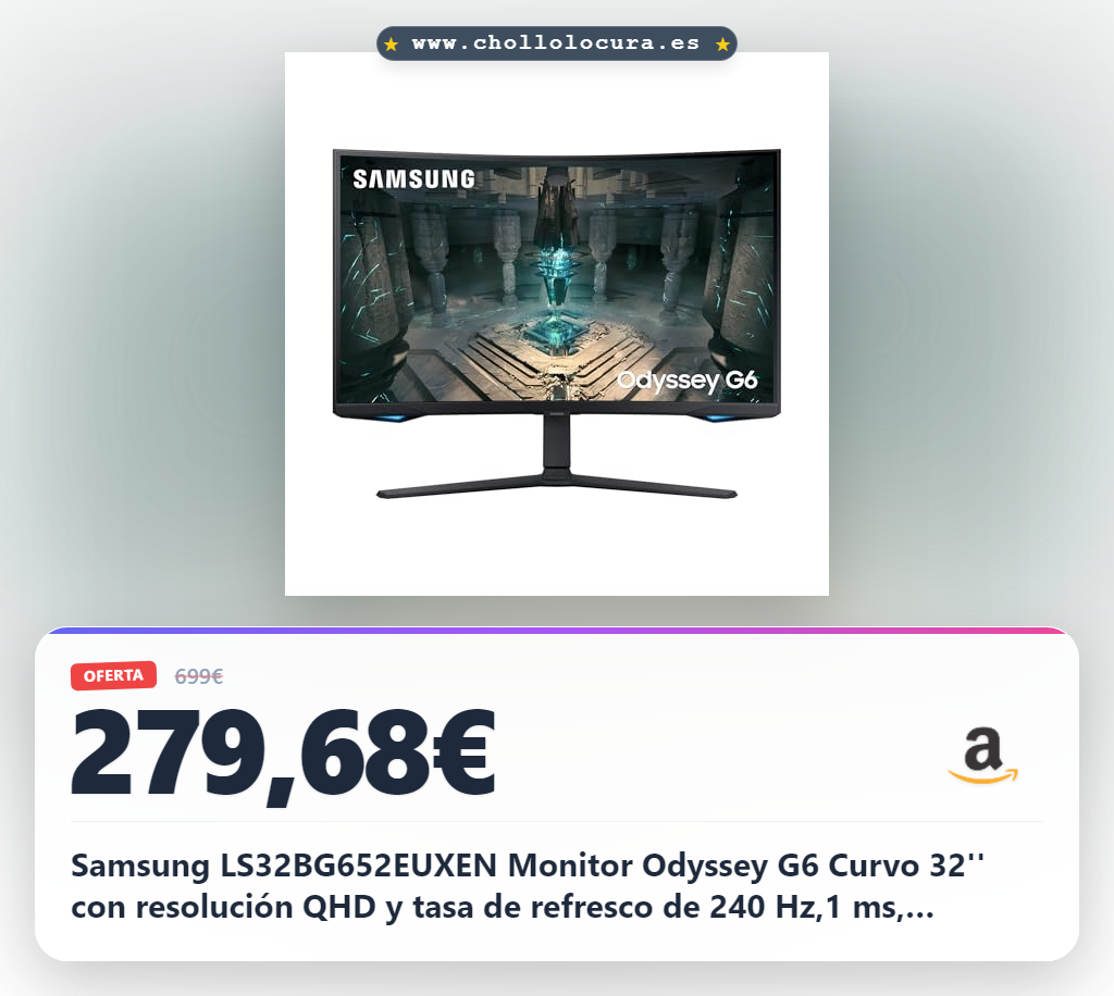 Samsung LS32BG652EUXEN Monitor Odyssey G6 Curvo 32'' con resolución QHD y tasa de refresco de 240 Hz,1 ms, DisplayHDR 600,QHD (2560x1440) FreeSync Premium Pro