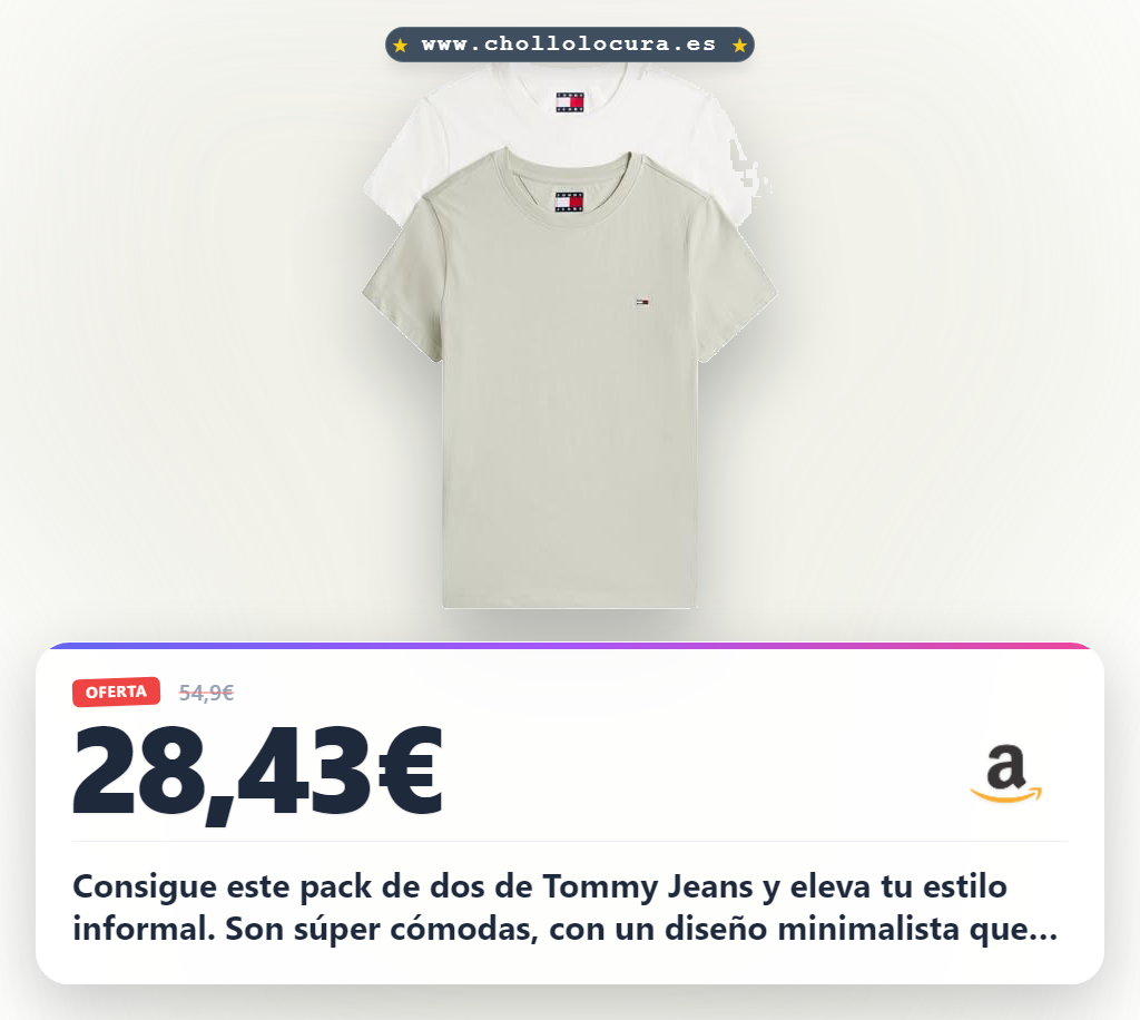 Obtén el pack de 2 camisetas Tommy Jeans de algodón premium con diseño minimalista a precio de chollo para looks urbanos