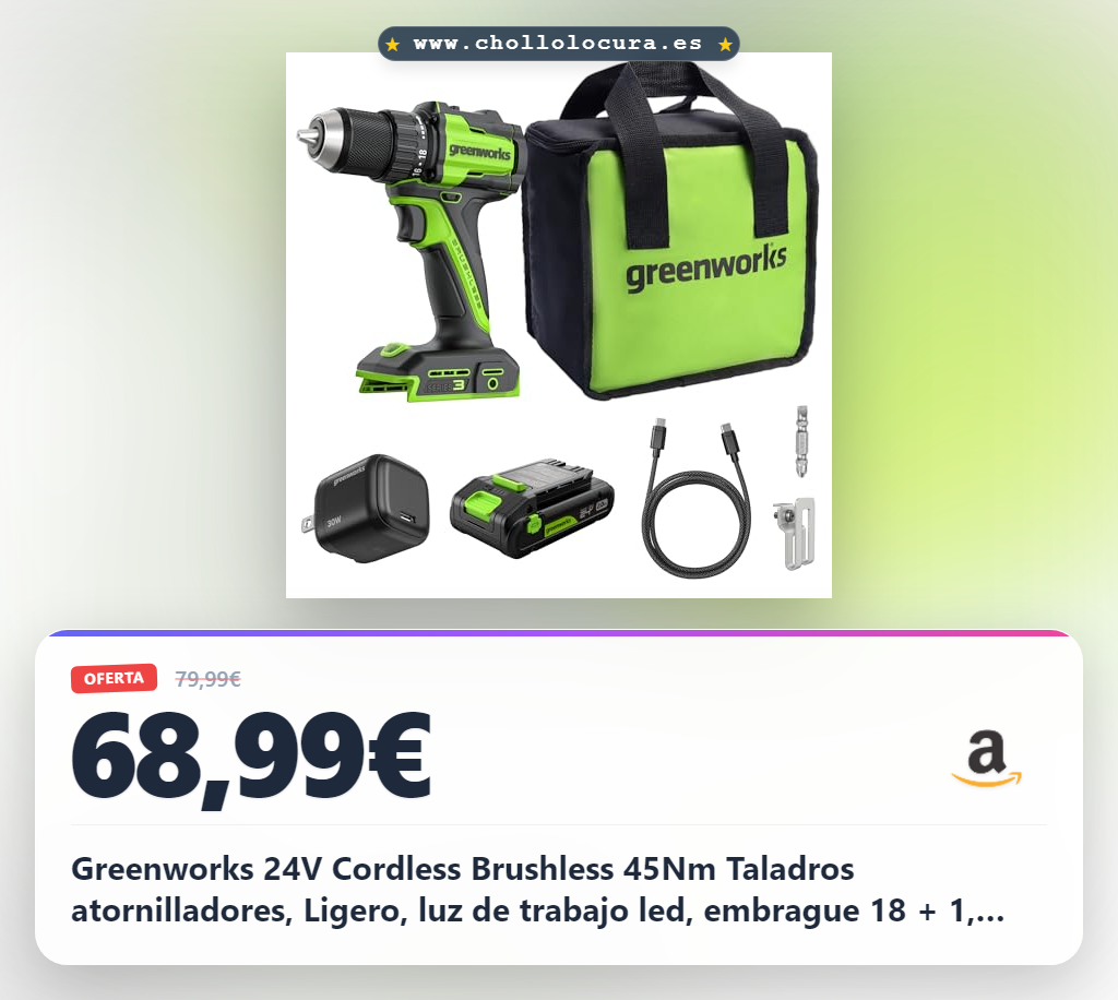 Greenworks 24V Cordless Brushless 45Nm Taladros atornilladores, Ligero, luz de trabajo led, embrague 18 + 1, batería USB-C de 2.0Ah (potencia de 12.000mAh), cargador USB-C de 30W DD345