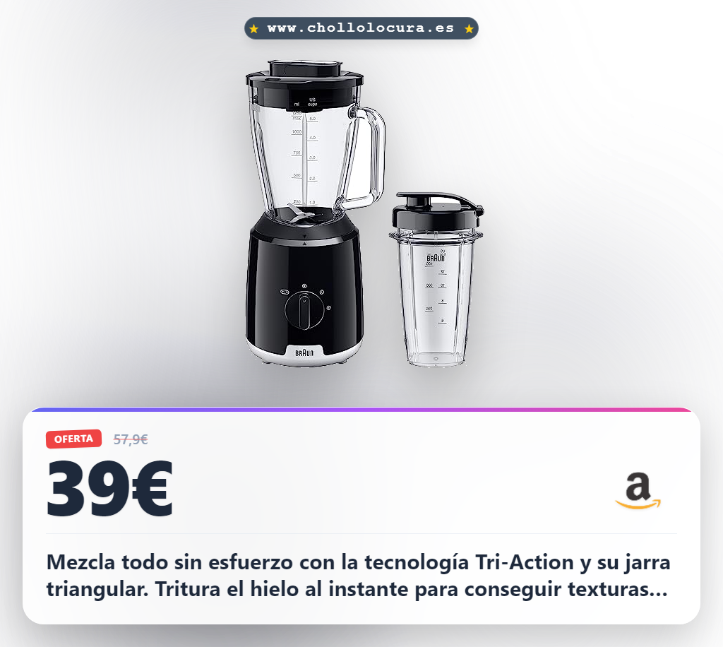 Aprovecha la batidora Braun PowerBlender 1 con jarra triangular y botella Smoothie2Go en oferta histórica